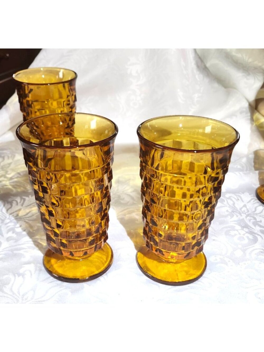 Set Of 4 Vintage Colony Whitehall Amber Glass Footed Iced Tea Tumblers - Picture 4 of 10